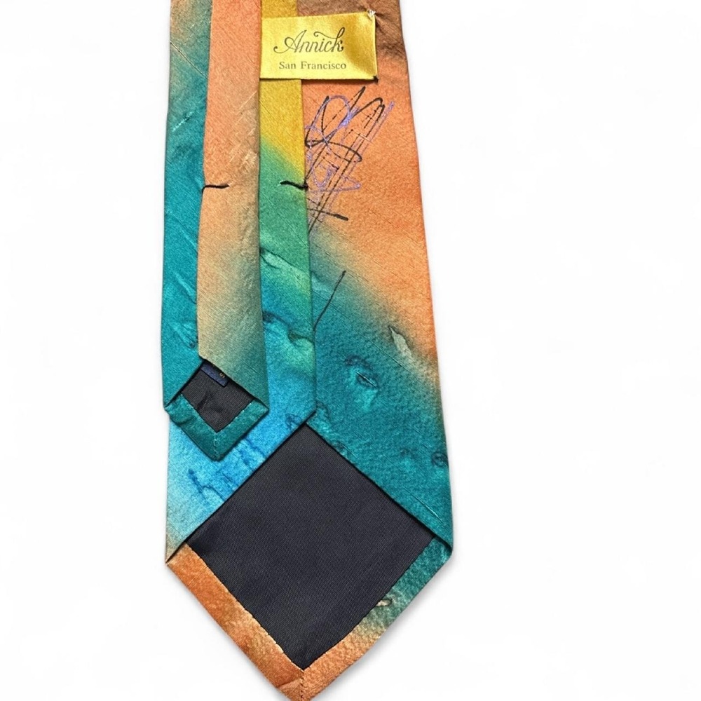 VTG Annick Men's Tie 1980s San Francisco Orange Raw Silk Abstract Art Deco retro - Picture 5 of 8